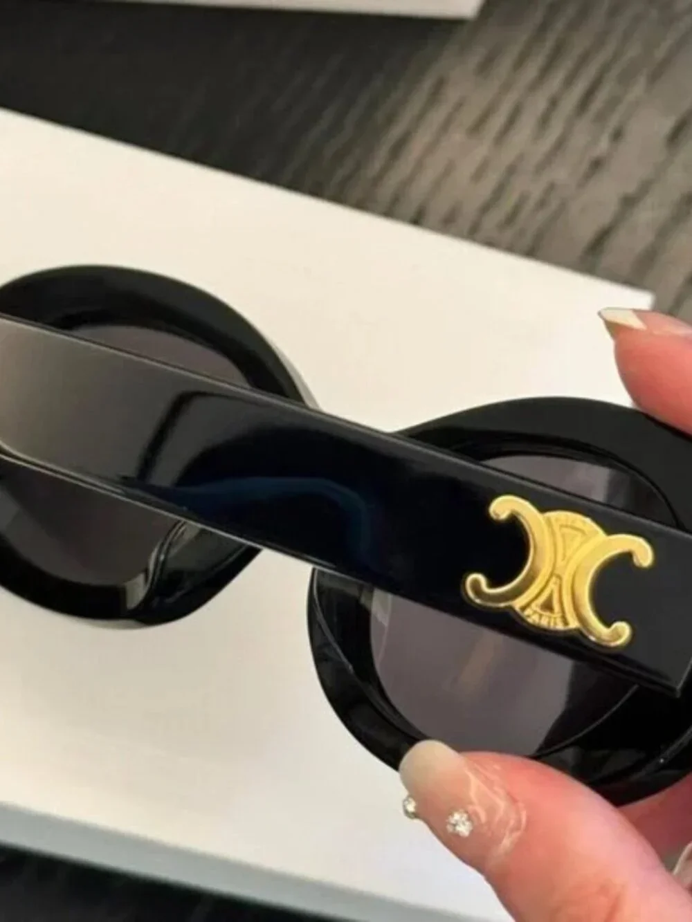 Celine Triomphe Oval Sunglasses Black Acetate Frame Dark Grey Lenses Gold Triomp